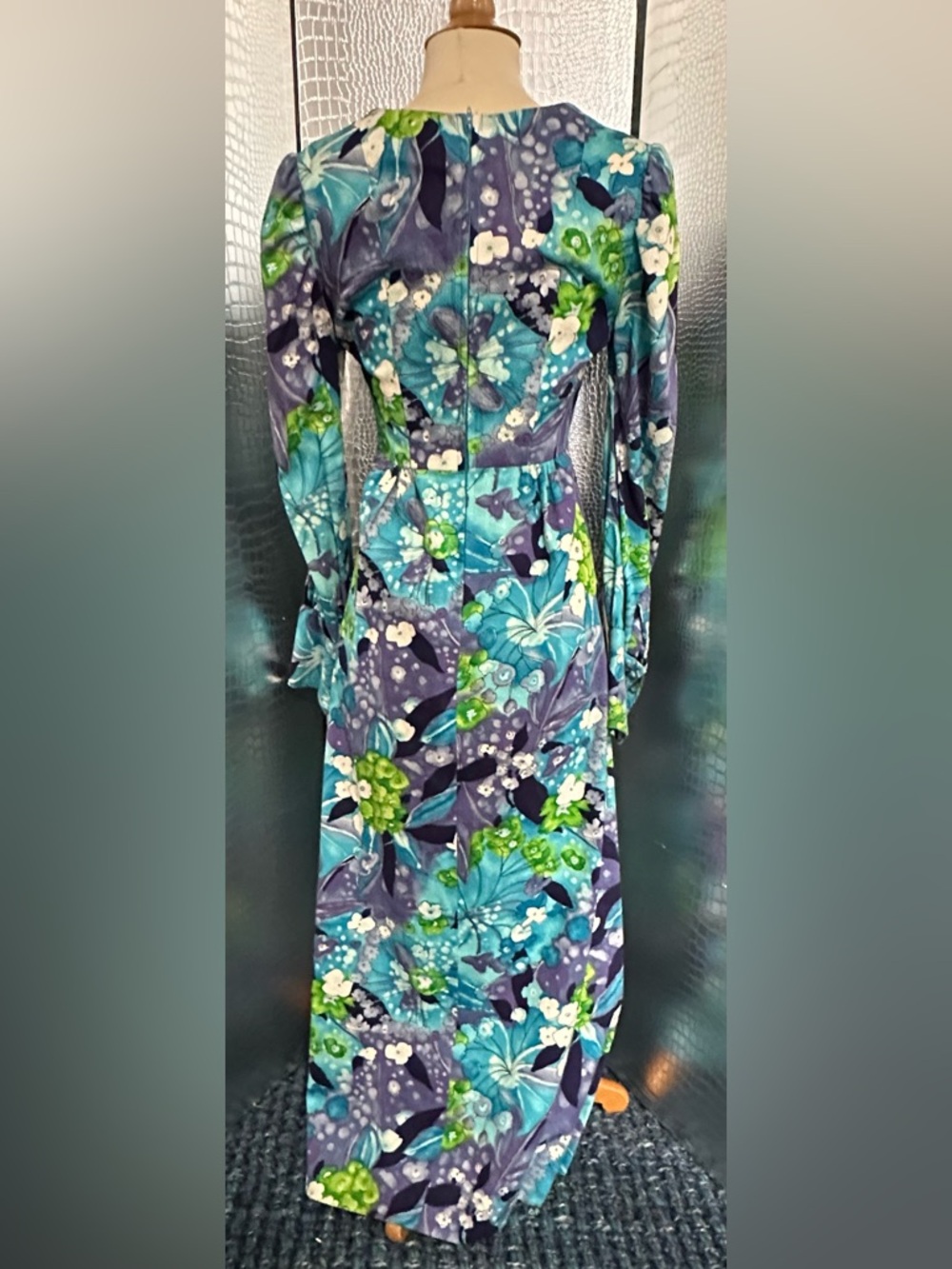Vintage Long Sleeve Floral Maxi Dress in Teal, Purple & Lime - Picture 4 of 10